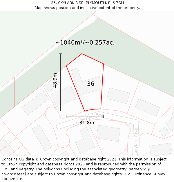 36, SKYLARK RISE, PLYMOUTH, PL6 7SN: Plot and title map