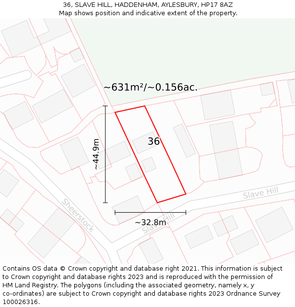 36, SLAVE HILL, HADDENHAM, AYLESBURY, HP17 8AZ: Plot and title map