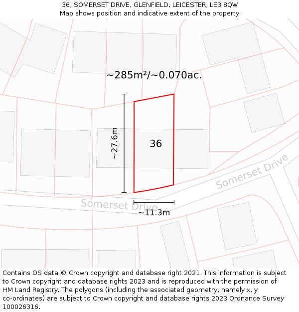 36, SOMERSET DRIVE, GLENFIELD, LEICESTER, LE3 8QW: Plot and title map