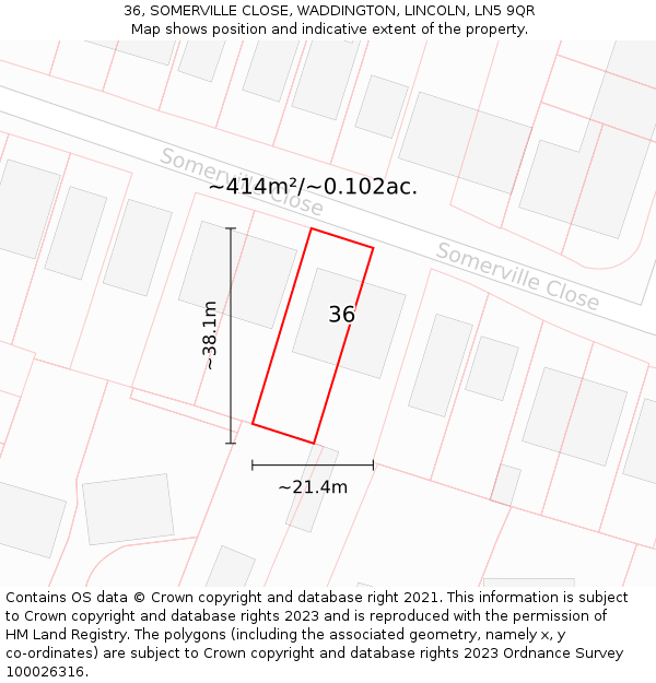 36, SOMERVILLE CLOSE, WADDINGTON, LINCOLN, LN5 9QR: Plot and title map