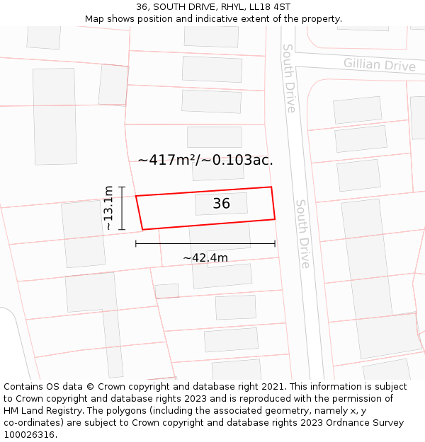 36, SOUTH DRIVE, RHYL, LL18 4ST: Plot and title map