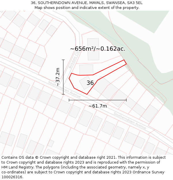 36, SOUTHERNDOWN AVENUE, MAYALS, SWANSEA, SA3 5EL: Plot and title map