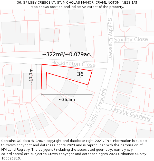 36, SPILSBY CRESCENT, ST. NICHOLAS MANOR, CRAMLINGTON, NE23 1AT: Plot and title map