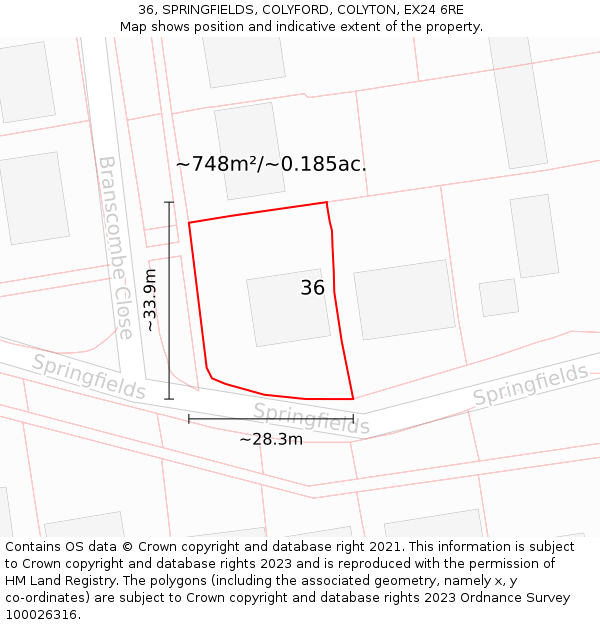 36, SPRINGFIELDS, COLYFORD, COLYTON, EX24 6RE: Plot and title map