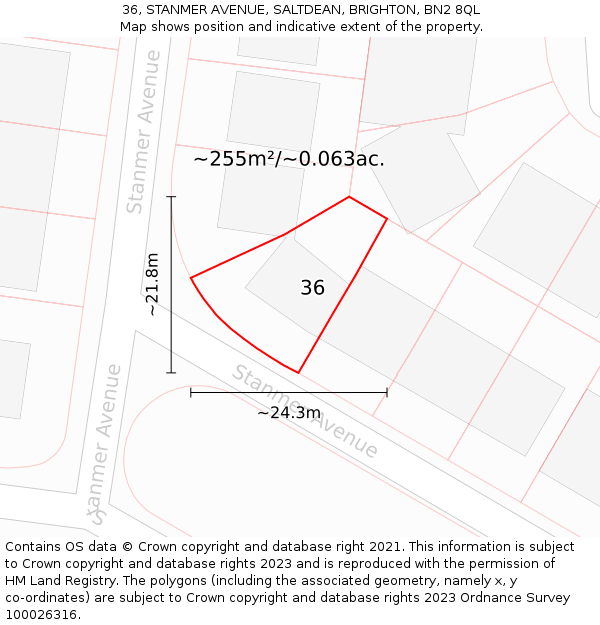 36, STANMER AVENUE, SALTDEAN, BRIGHTON, BN2 8QL: Plot and title map