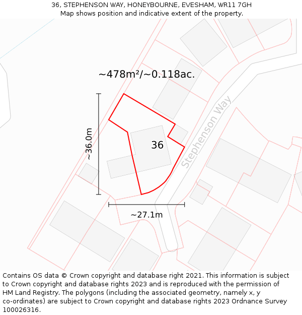 36, STEPHENSON WAY, HONEYBOURNE, EVESHAM, WR11 7GH: Plot and title map