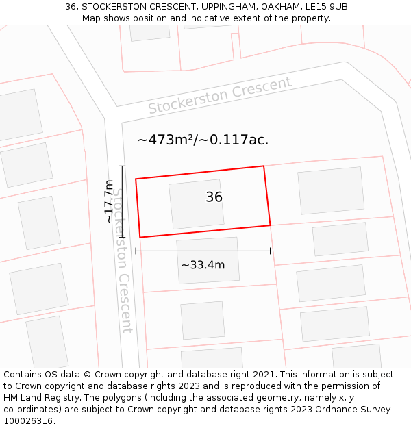 36, STOCKERSTON CRESCENT, UPPINGHAM, OAKHAM, LE15 9UB: Plot and title map
