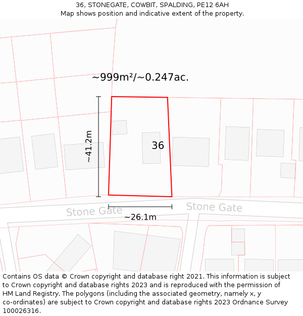 36, STONEGATE, COWBIT, SPALDING, PE12 6AH: Plot and title map