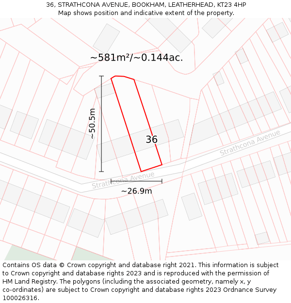 36, STRATHCONA AVENUE, BOOKHAM, LEATHERHEAD, KT23 4HP: Plot and title map