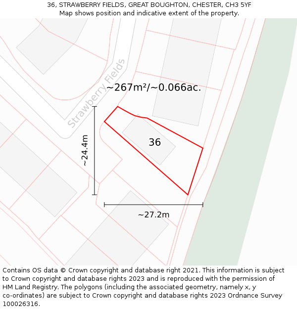 36, STRAWBERRY FIELDS, GREAT BOUGHTON, CHESTER, CH3 5YF: Plot and title map