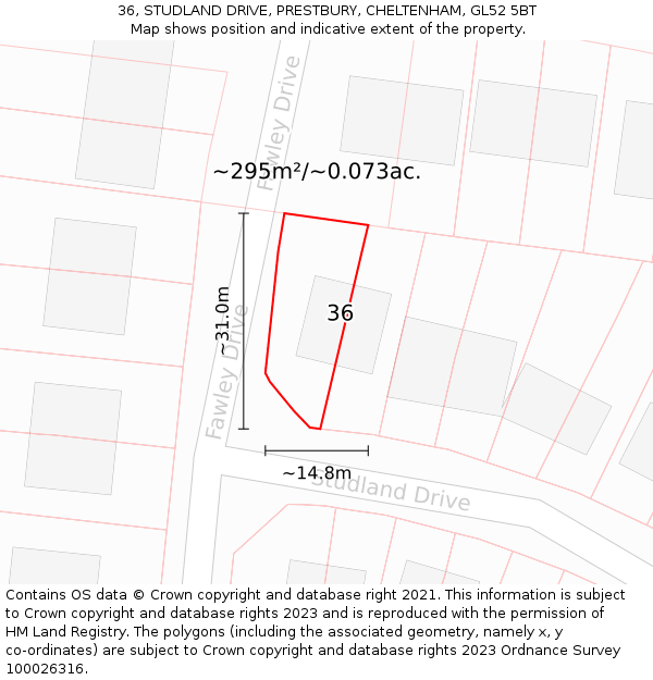 36, STUDLAND DRIVE, PRESTBURY, CHELTENHAM, GL52 5BT: Plot and title map