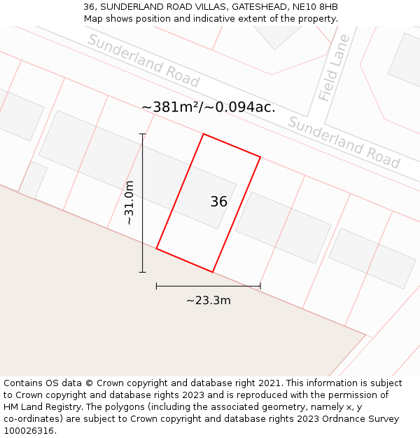 36, SUNDERLAND ROAD VILLAS, GATESHEAD, NE10 8HB: Plot and title map