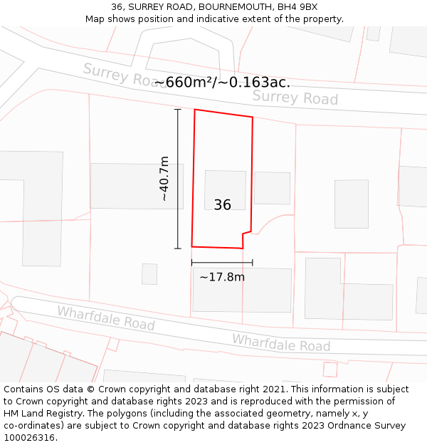 36, SURREY ROAD, BOURNEMOUTH, BH4 9BX: Plot and title map