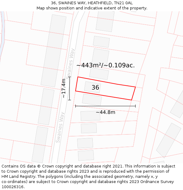 36, SWAINES WAY, HEATHFIELD, TN21 0AL: Plot and title map