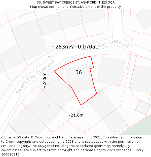 36, SWEET BAY CRESCENT, ASHFORD, TN23 3QA: Plot and title map