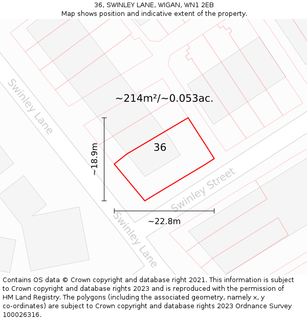 36, SWINLEY LANE, WIGAN, WN1 2EB: Plot and title map