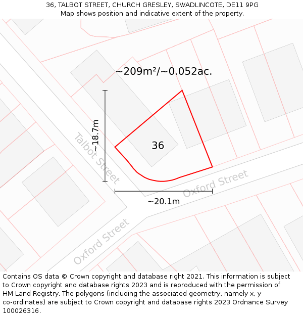 36, TALBOT STREET, CHURCH GRESLEY, SWADLINCOTE, DE11 9PG: Plot and title map