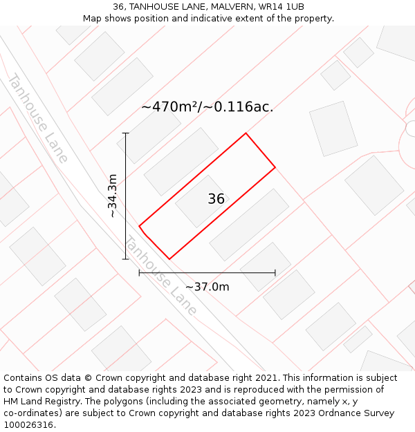 36, TANHOUSE LANE, MALVERN, WR14 1UB: Plot and title map