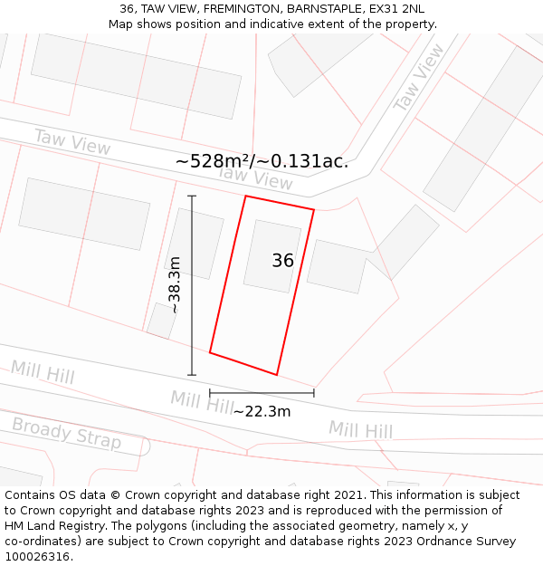 36, TAW VIEW, FREMINGTON, BARNSTAPLE, EX31 2NL: Plot and title map