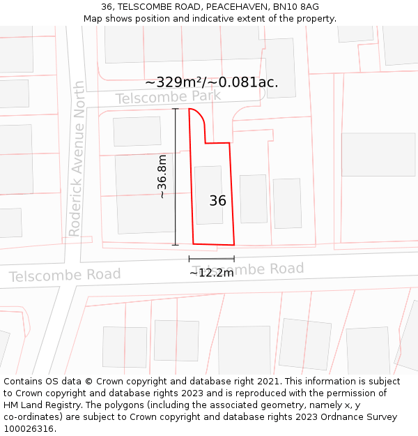 36, TELSCOMBE ROAD, PEACEHAVEN, BN10 8AG: Plot and title map