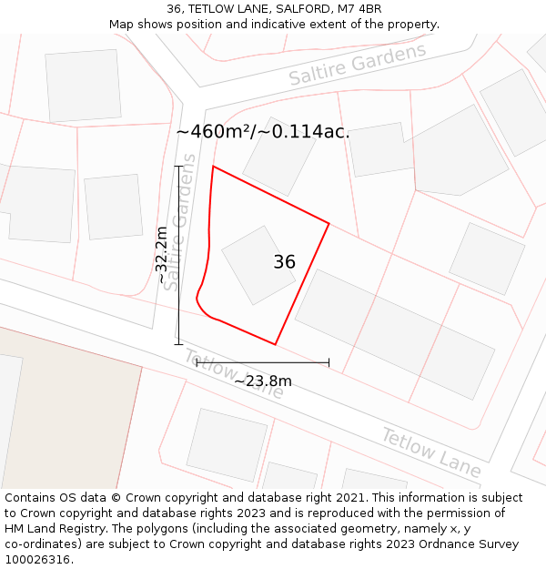 36, TETLOW LANE, SALFORD, M7 4BR: Plot and title map