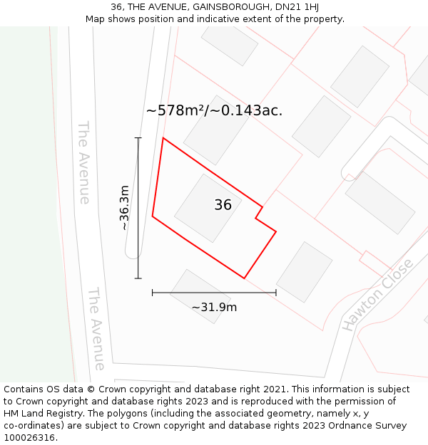 36, THE AVENUE, GAINSBOROUGH, DN21 1HJ: Plot and title map