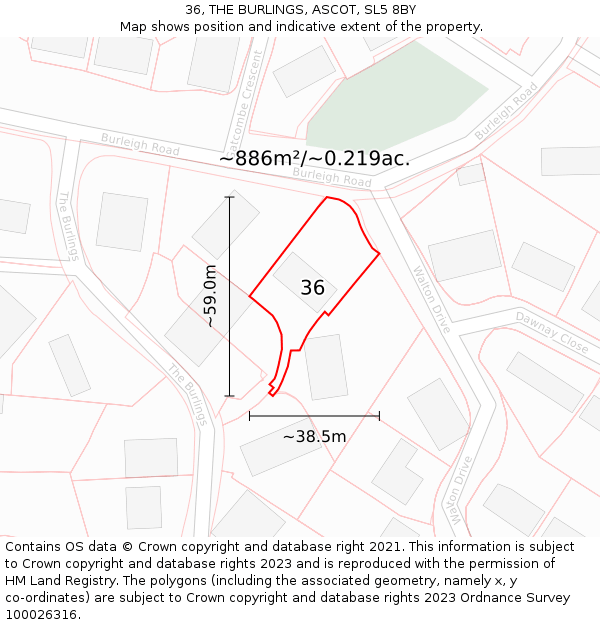 36, THE BURLINGS, ASCOT, SL5 8BY: Plot and title map