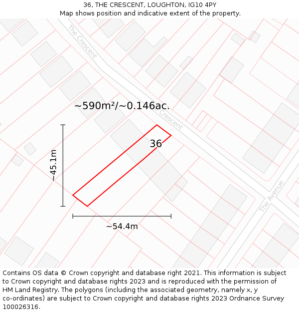 36, THE CRESCENT, LOUGHTON, IG10 4PY: Plot and title map