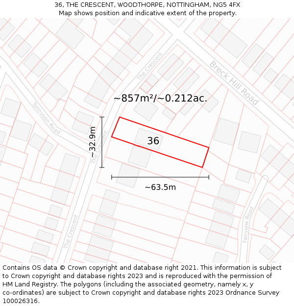 36, THE CRESCENT, WOODTHORPE, NOTTINGHAM, NG5 4FX: Plot and title map