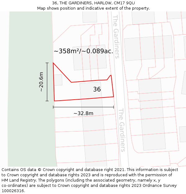 36, THE GARDINERS, HARLOW, CM17 9QU: Plot and title map