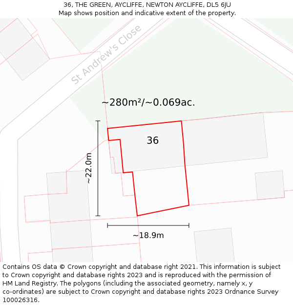 36, THE GREEN, AYCLIFFE, NEWTON AYCLIFFE, DL5 6JU: Plot and title map