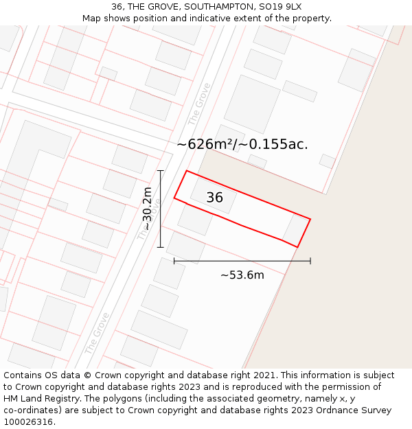 36, THE GROVE, SOUTHAMPTON, SO19 9LX: Plot and title map