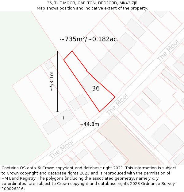 36, THE MOOR, CARLTON, BEDFORD, MK43 7JR: Plot and title map