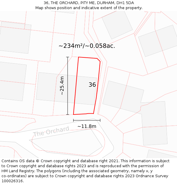 36, THE ORCHARD, PITY ME, DURHAM, DH1 5DA: Plot and title map