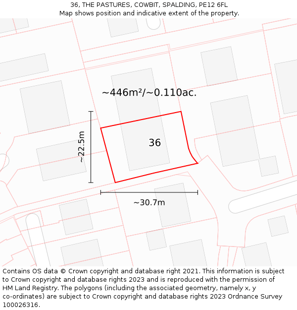 36, THE PASTURES, COWBIT, SPALDING, PE12 6FL: Plot and title map