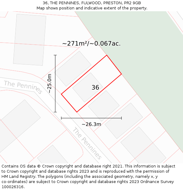 36, THE PENNINES, FULWOOD, PRESTON, PR2 9GB: Plot and title map