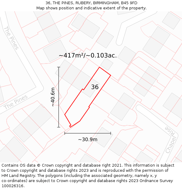 36, THE PINES, RUBERY, BIRMINGHAM, B45 9FD: Plot and title map