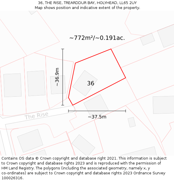 36, THE RISE, TREARDDUR BAY, HOLYHEAD, LL65 2UY: Plot and title map