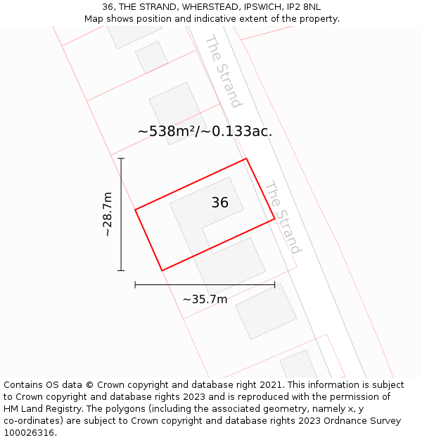 36, THE STRAND, WHERSTEAD, IPSWICH, IP2 8NL: Plot and title map