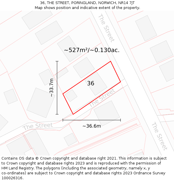 36, THE STREET, PORINGLAND, NORWICH, NR14 7JT: Plot and title map