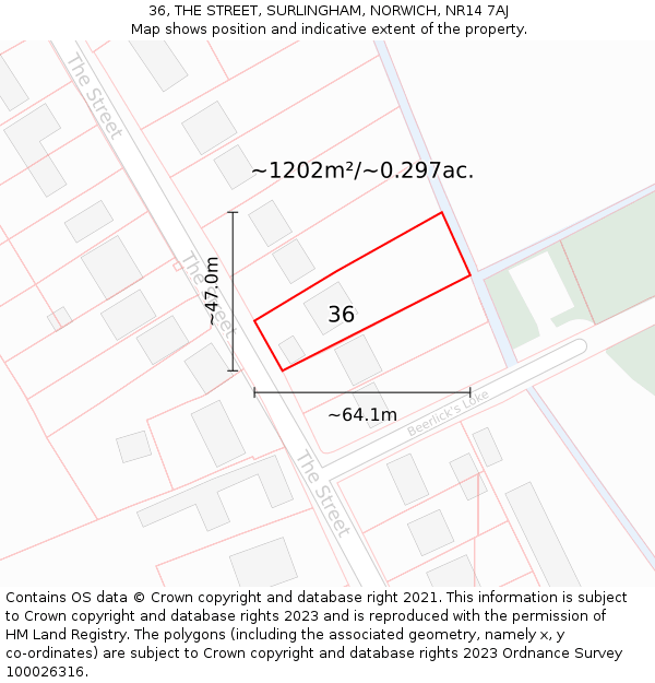 36, THE STREET, SURLINGHAM, NORWICH, NR14 7AJ: Plot and title map