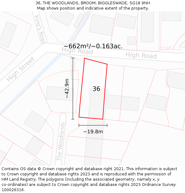 36, THE WOODLANDS, BROOM, BIGGLESWADE, SG18 9NH: Plot and title map