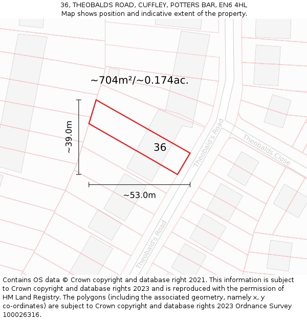 36, THEOBALDS ROAD, CUFFLEY, POTTERS BAR, EN6 4HL: Plot and title map