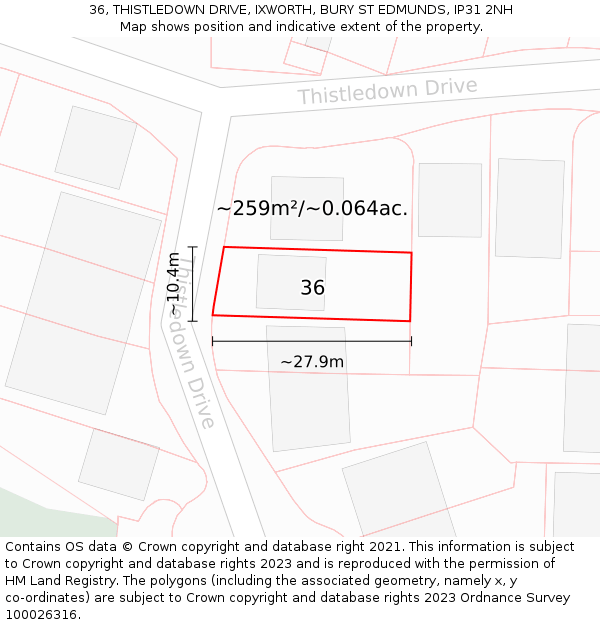 36, THISTLEDOWN DRIVE, IXWORTH, BURY ST EDMUNDS, IP31 2NH: Plot and title map