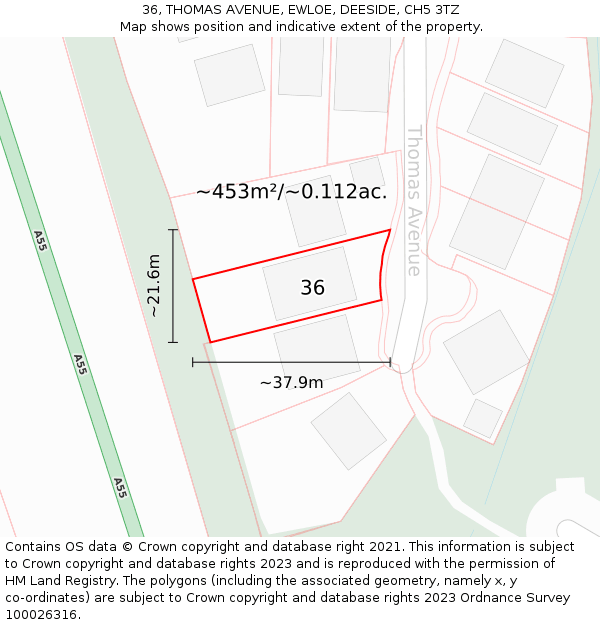 36, THOMAS AVENUE, EWLOE, DEESIDE, CH5 3TZ: Plot and title map