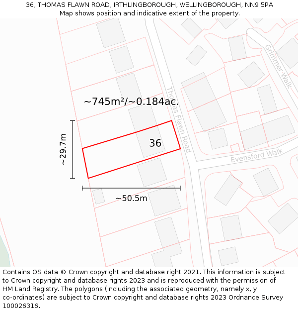 36, THOMAS FLAWN ROAD, IRTHLINGBOROUGH, WELLINGBOROUGH, NN9 5PA: Plot and title map