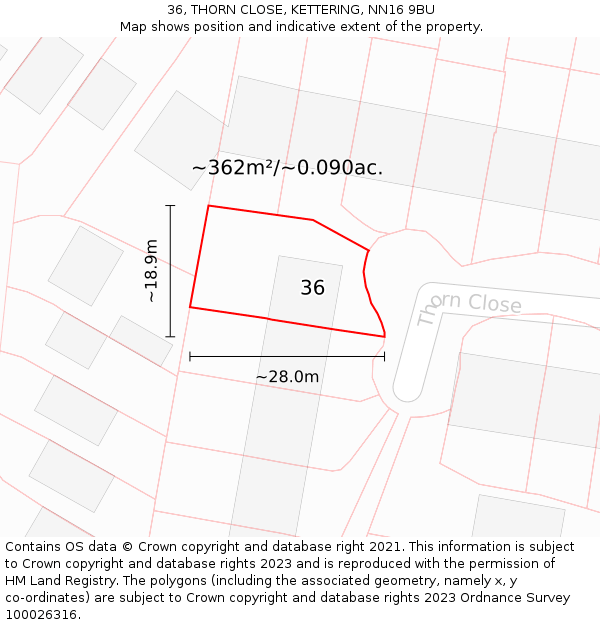 36, THORN CLOSE, KETTERING, NN16 9BU: Plot and title map