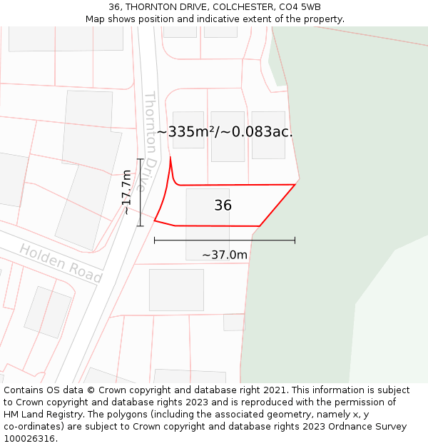 36, THORNTON DRIVE, COLCHESTER, CO4 5WB: Plot and title map