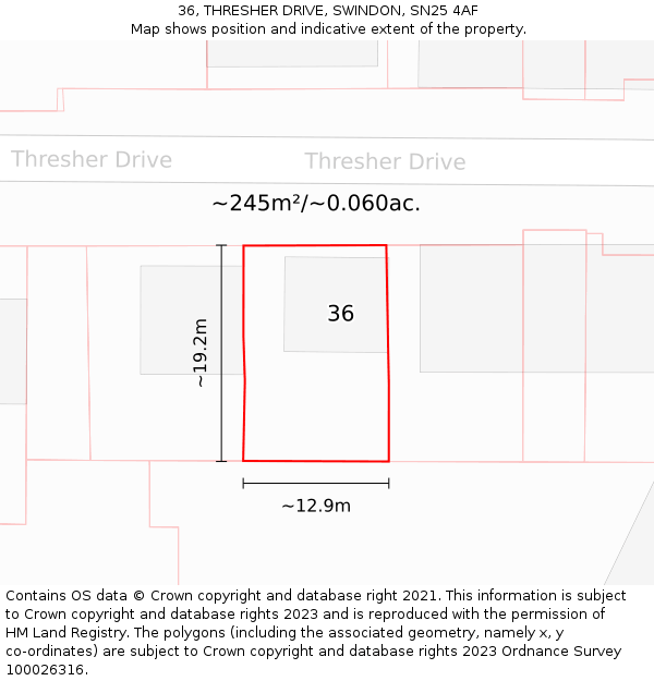 36, THRESHER DRIVE, SWINDON, SN25 4AF: Plot and title map