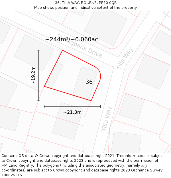 36, TILIA WAY, BOURNE, PE10 0QR: Plot and title map